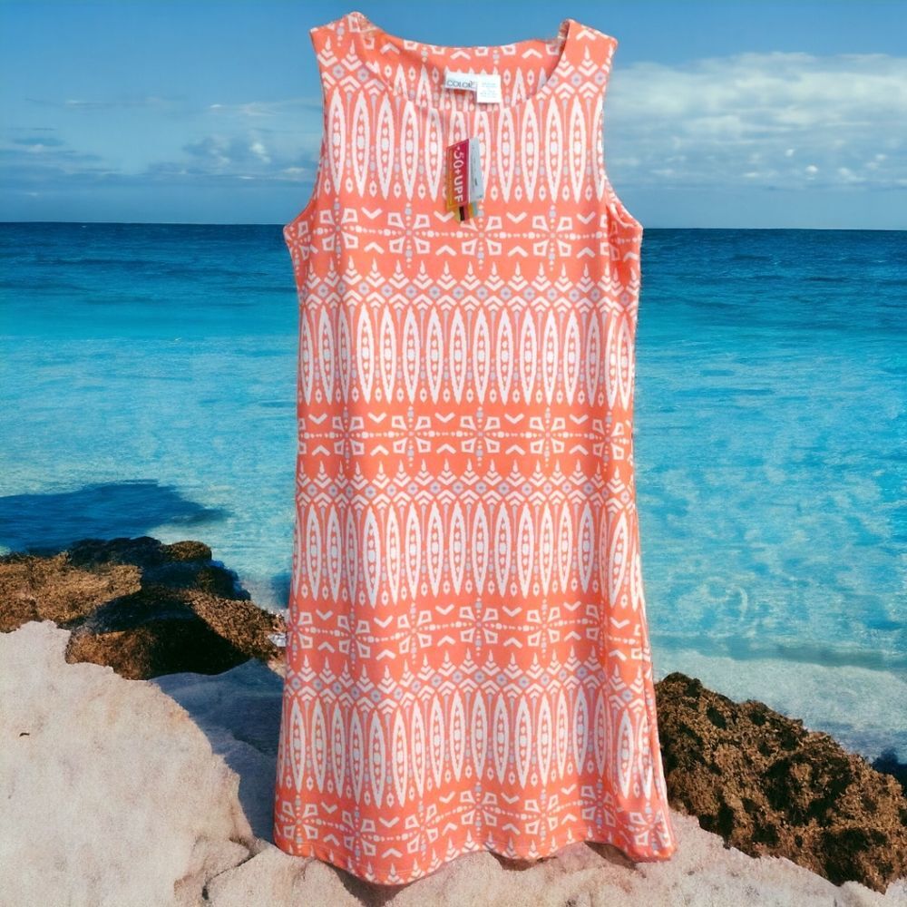 All for Color West Avenue Shift Dress, Size Small, Tiki Tide Color Orange/White